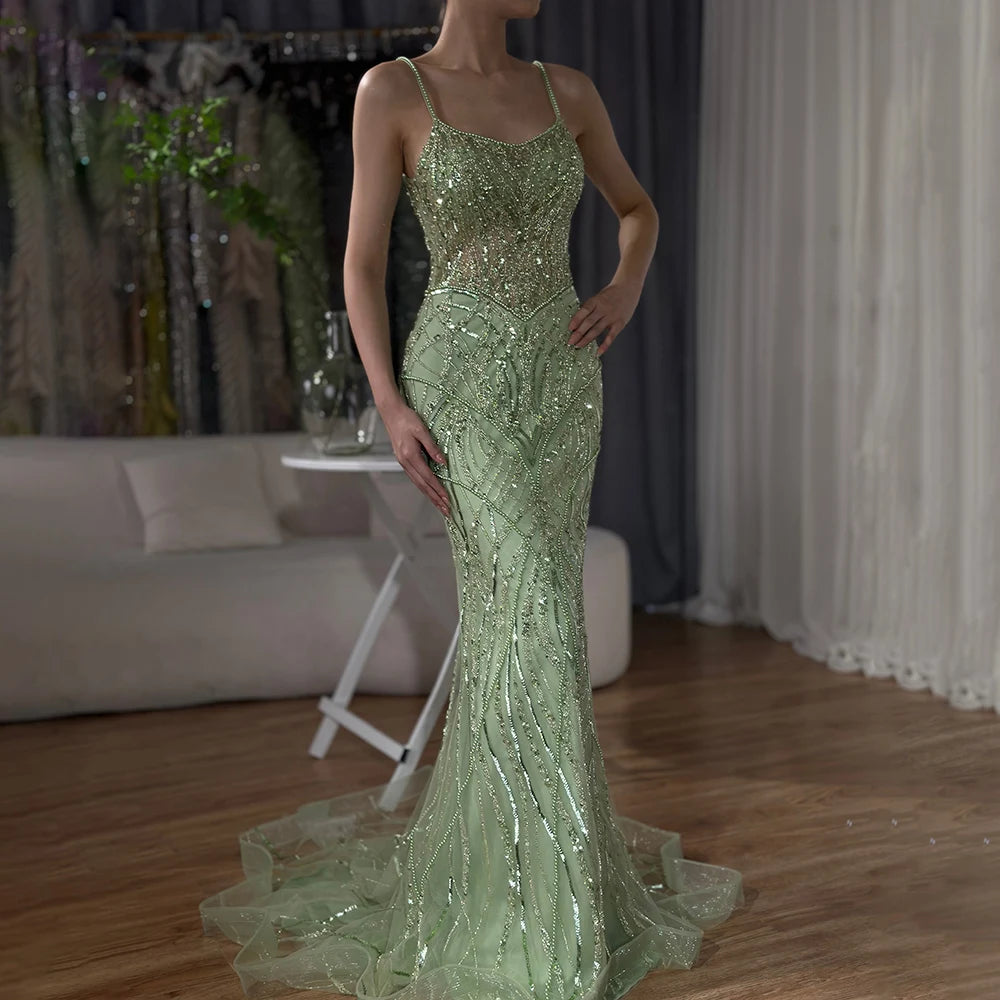 Luxury Dubai Saudi Caramel Beaded Spaghetti Strap Arabic Mermaid Evening Dress Gown for Formal Occasion LA72733 - SERENE HILL