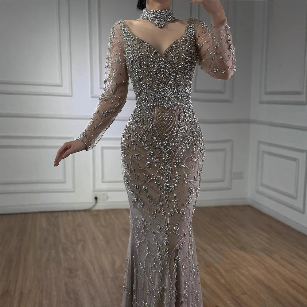 Luxury Caramel Beaded Crystal Mermaid Evening Dress Long Sleeves LA73042B - SERENE HILL