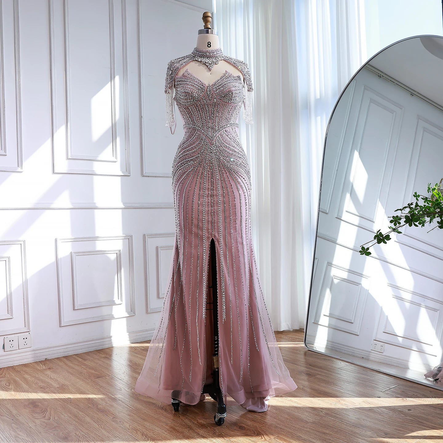 Nude Mermaid Evening Dress with Detachable High Neck Tassel LA72891A - SERENE HILL