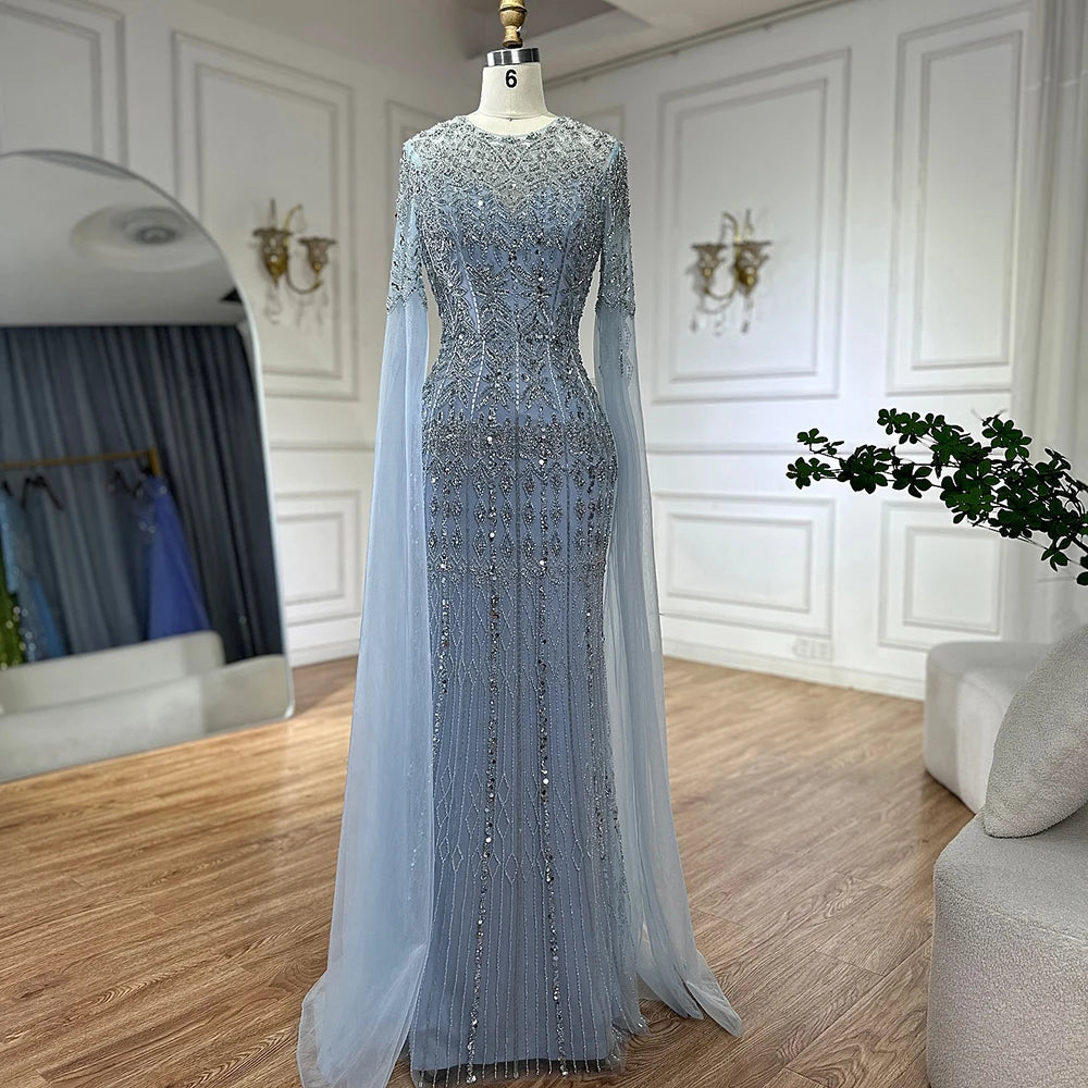 Dubai Caramel Elegant Cape Sleeve Luxury Beaded Evening Gown LA72775 - SERENE HILL
