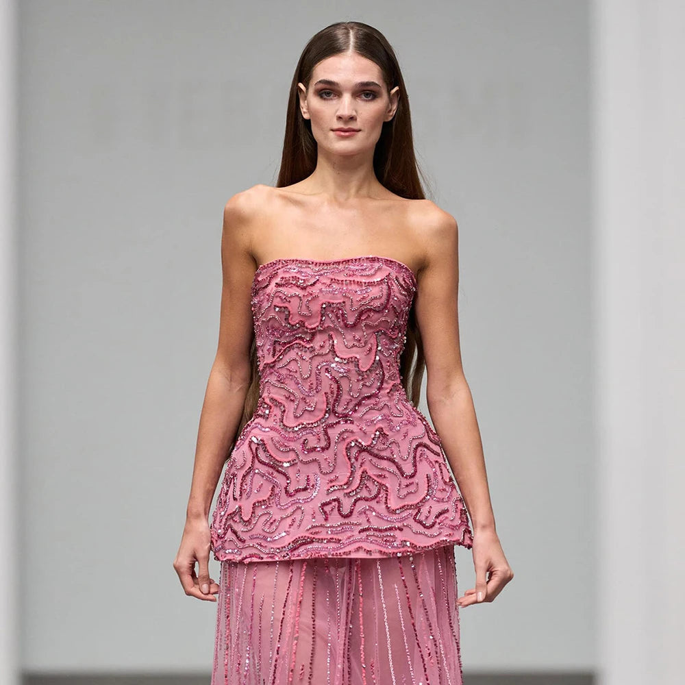 Luxury Pink Two Piece Crystal Sequin Evening Gown LA73207 - SERENE HILL