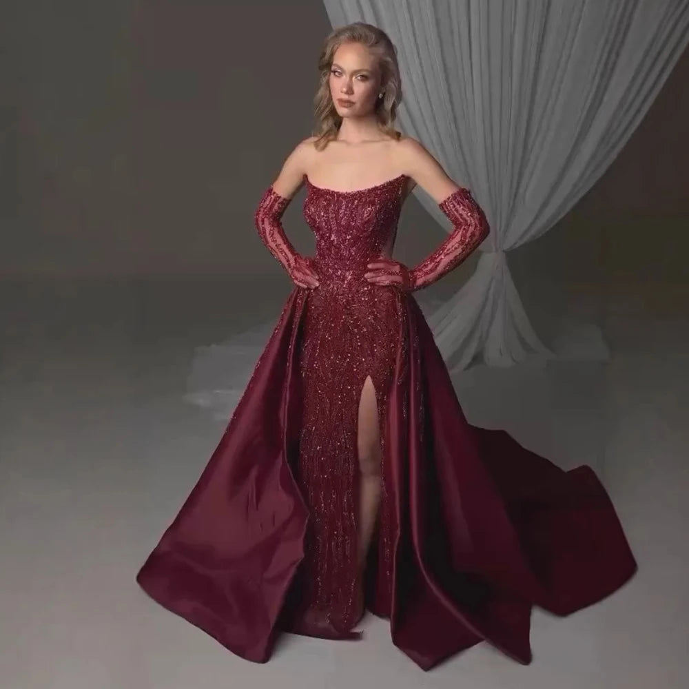 Luxury Wine Red Beaded Strapless Evening Dresses Gowns with Gloves an –  SERENE HILL