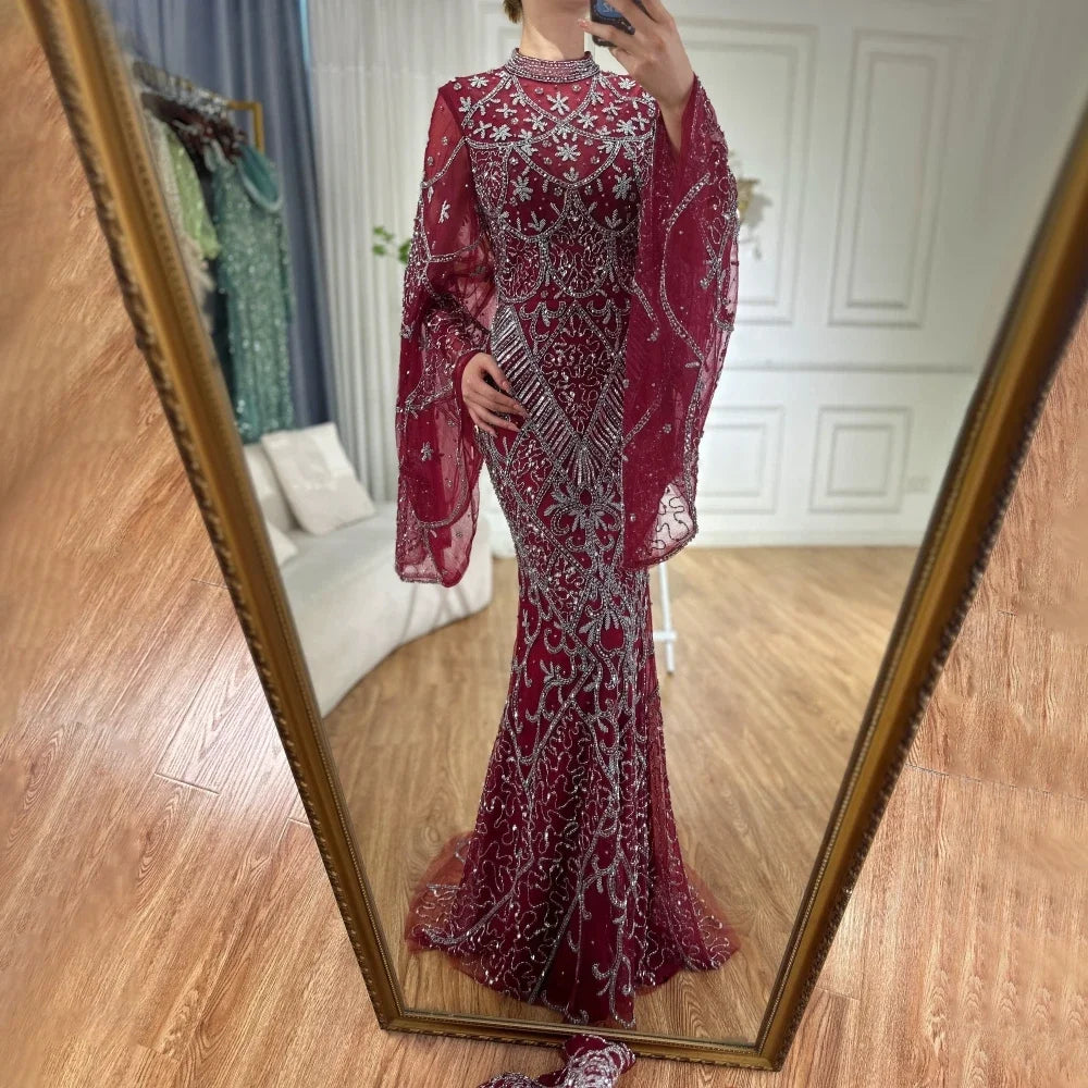 Luxury Dubai Muslim Black Mermaid Elegant Bell Sleeve Beaded Luxury Dubai Long Evening Dress for Formal Occasion LA72316A - SERENE HILL