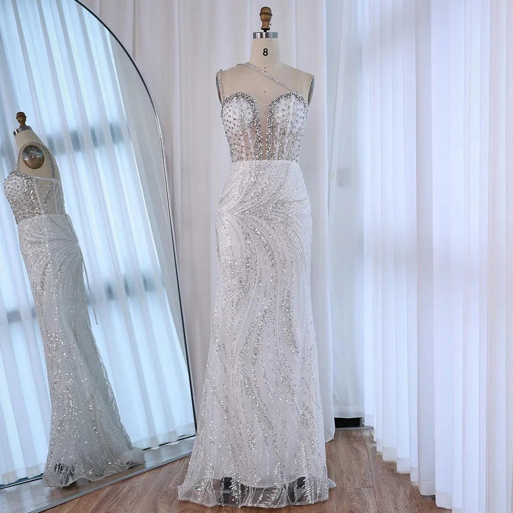 Luxury Dubai Nude Beaded One-Shoulder Evening Gown with Crystal for Formal Occasion LA72872 - SERENE HILL