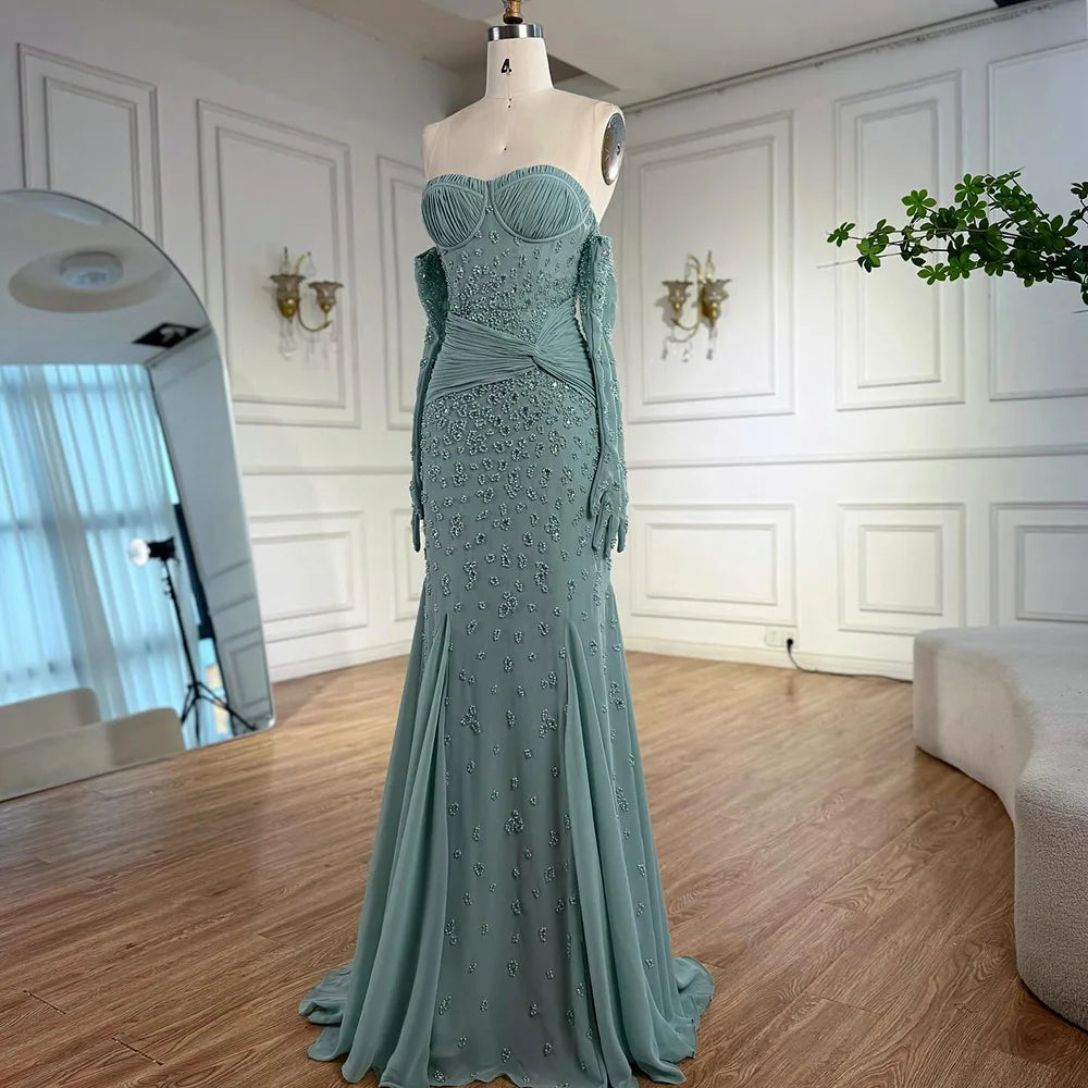 Luxury Turquoise Beaded Evening Dress with Gloves LA72933 - SERENE HILL