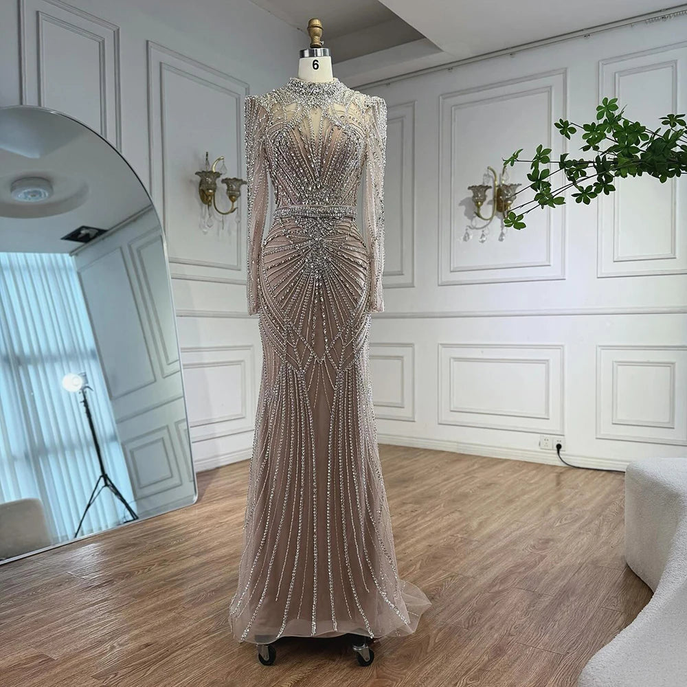 Modest Caramel High Collar Evening Dress for Wedding Guest LA73203 Caramel / 6