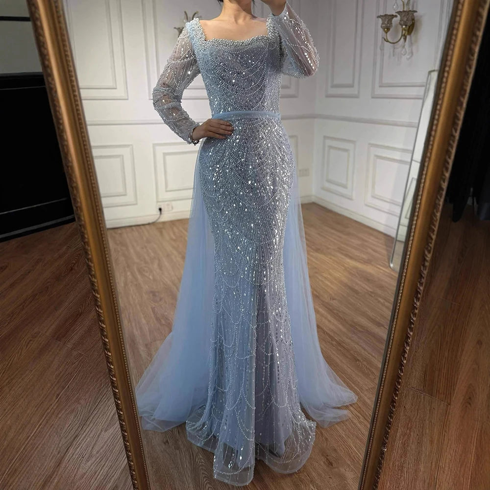 Blue Square Evening Dress With Long Sleeve Plus Size LA72032N - SERENE HILL