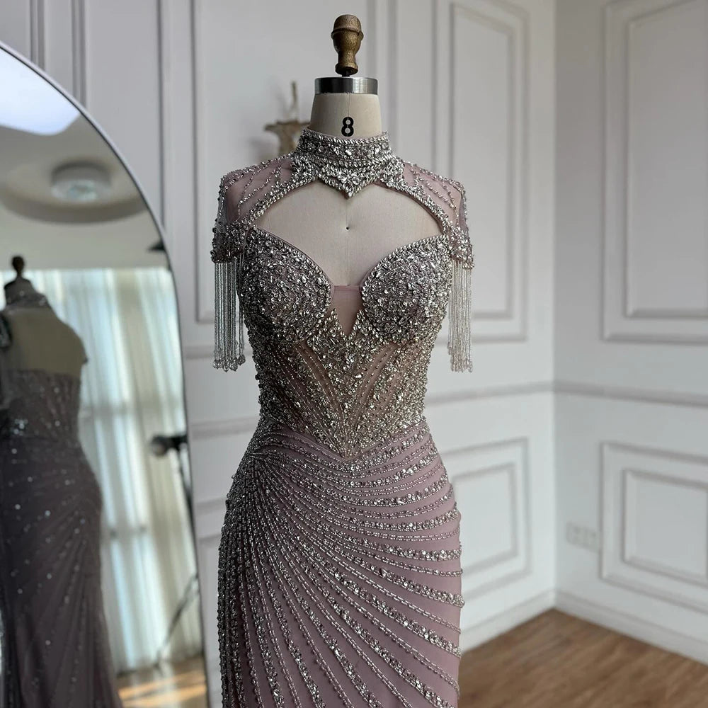 Luxury Pink Beaded Tassel Mermaid Evening Dress Long Gown LA73184 - SERENE HILL