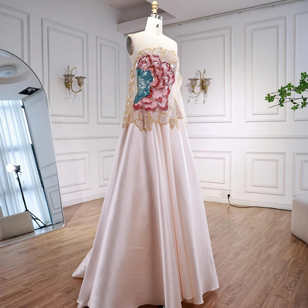 Luxury Chic Arabic Designer Beaded Satin A-Line Evening Dress LA72195B - SERENE HILL