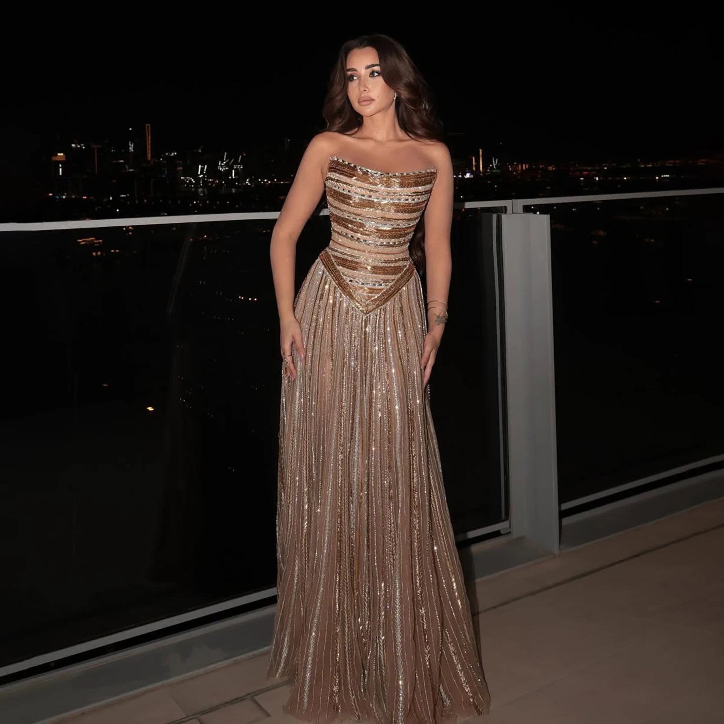 Luxury Caramel Beaded Arabic A-Line Corset Evening Dress LA73359 - SERENE HILL