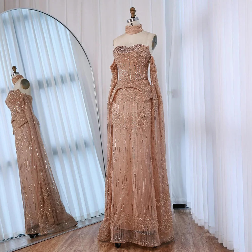 Luxury Gray Beaded Off-Shoulder Evening Dress with Cape Sleeves LA73076 - SERENE HILL