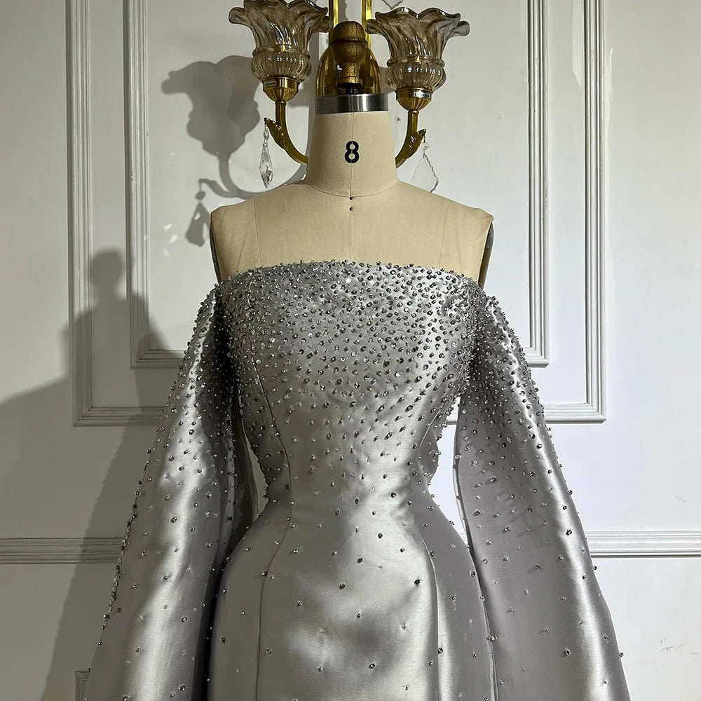 Luxury Dubai Luxury Off Shoulder A Line Gray Satin Evening Gown Pearl Beaded for Formal Occasion LA72779 - SERENE HILL