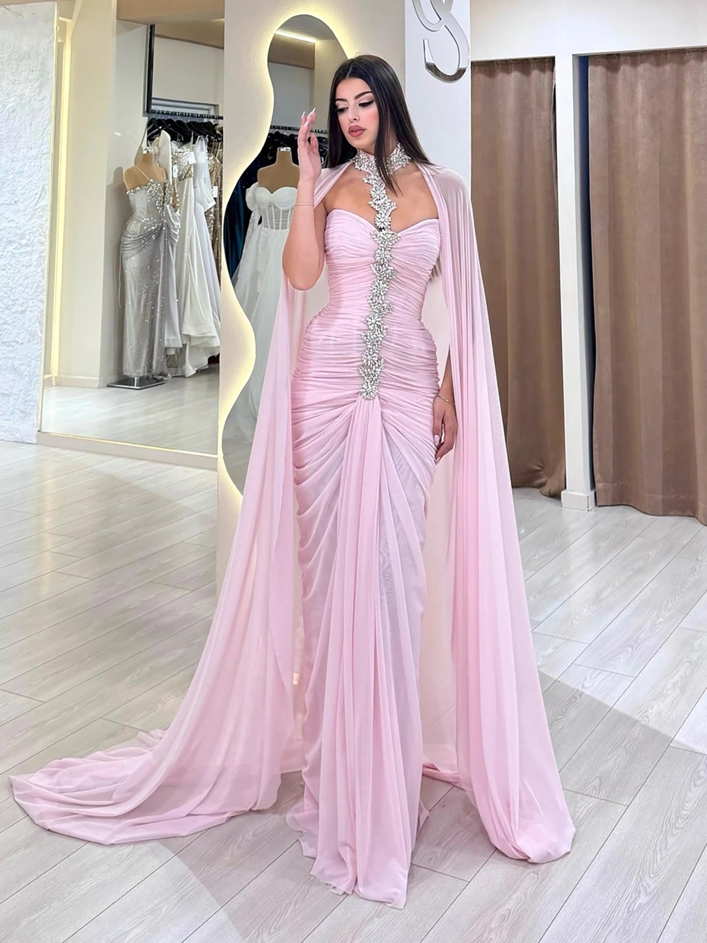 Luxury Pink Halter Crystal Beaded Evening Dress with Cape LA73374 - SERENE HILL