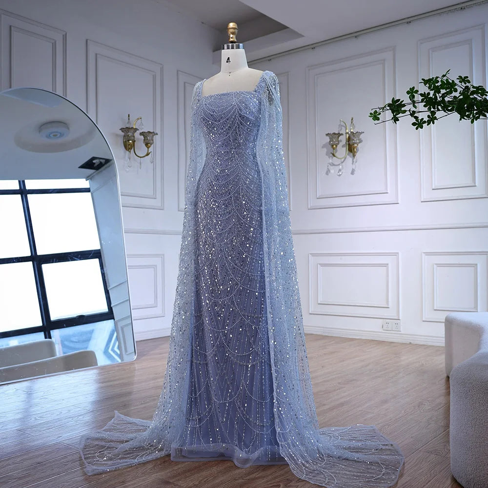 Luxury Turquoise Beaded Pearl Arabic Evening Dress with Cape Sleeves LA72590 - SERENE HILL