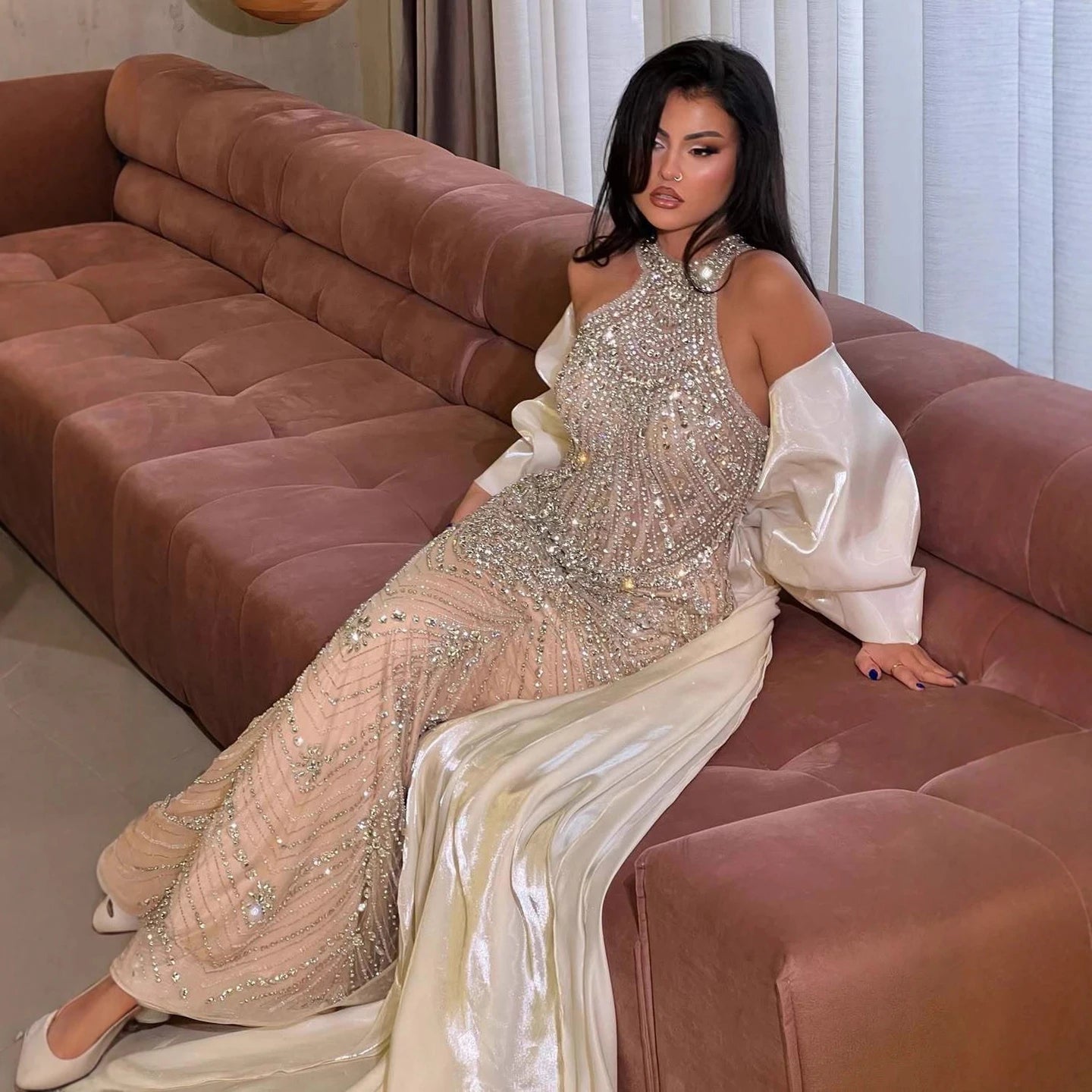 Luxury Kosovo Nude Halter Beaded Evening Dress with Bow Cape LA73218 Nude / 14 Luxury Kosovo Nude Halter Beaded Evening Dress with Bow Cape LA73218 Nude / 14