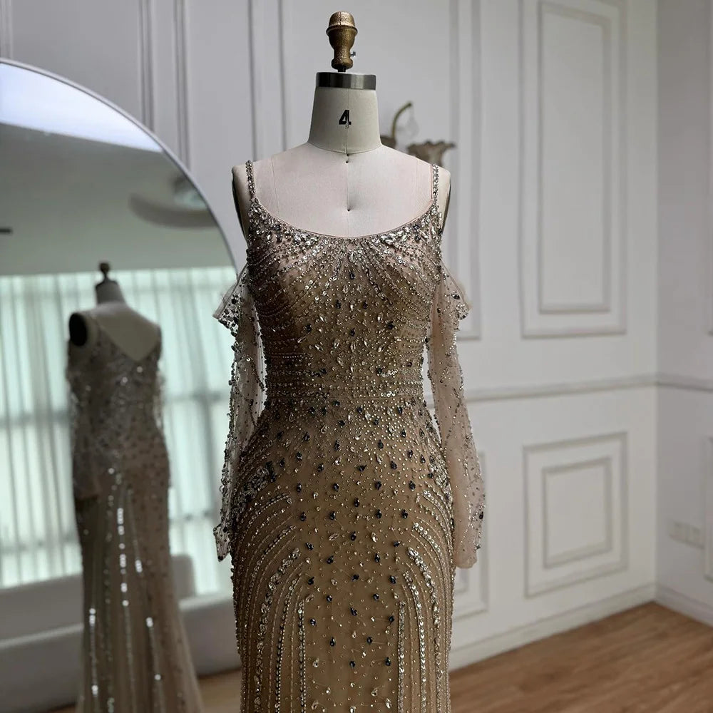 Luxury Nude Navy Blue Silver Beaded Evening Dress with Long Sleeves LA73120 - SERENE HILL