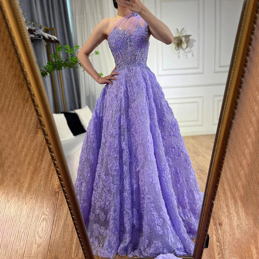 Serene Hill 2025 Arabic Lilac One-Shoulder A-Line Lace Appliques Luxury Prom Dress for Formal Occasion LA72619 - SERENE HILL