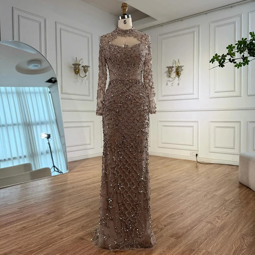 Caramel Beaded High Neck Mermaid Evening Dress Plus Size LA71747A - SERENE HILL