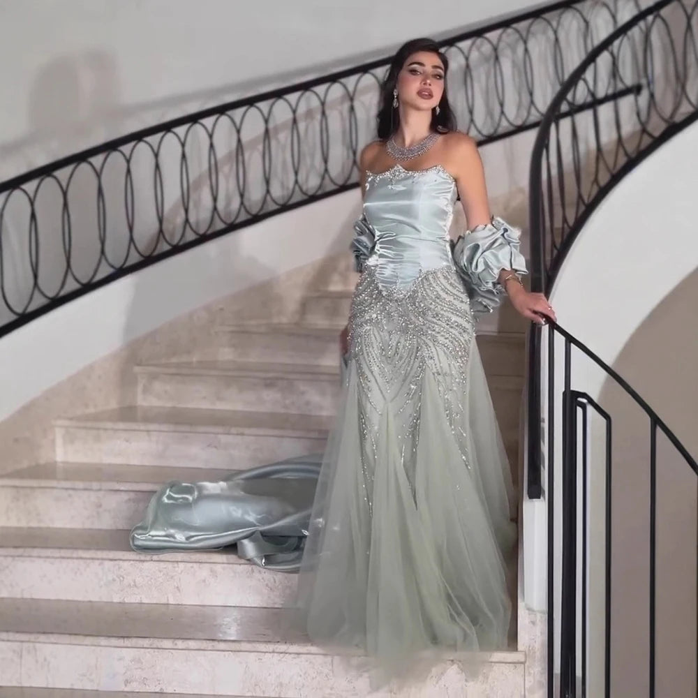 Luxury Sage Green Beaded Mermaid Evening Dress with Balloon Sleeves LA73201 - SERENE HILL