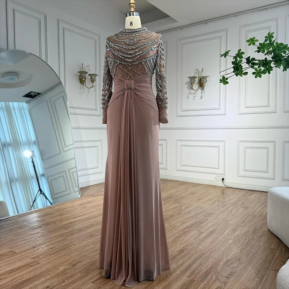 Luxury Designer Modest Brown Stretch Material Mermaid Evening Dress LA72993 - SERENE HILL