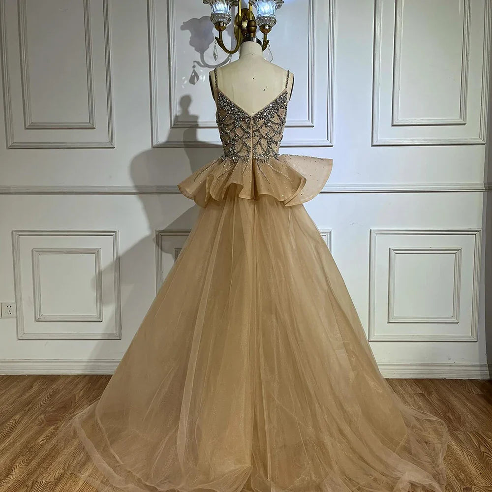 Luxury Dubai Nude Saudi Beaded Spaghetti Strap Evening Dress with Overskirt LA72810 - SERENE HILL