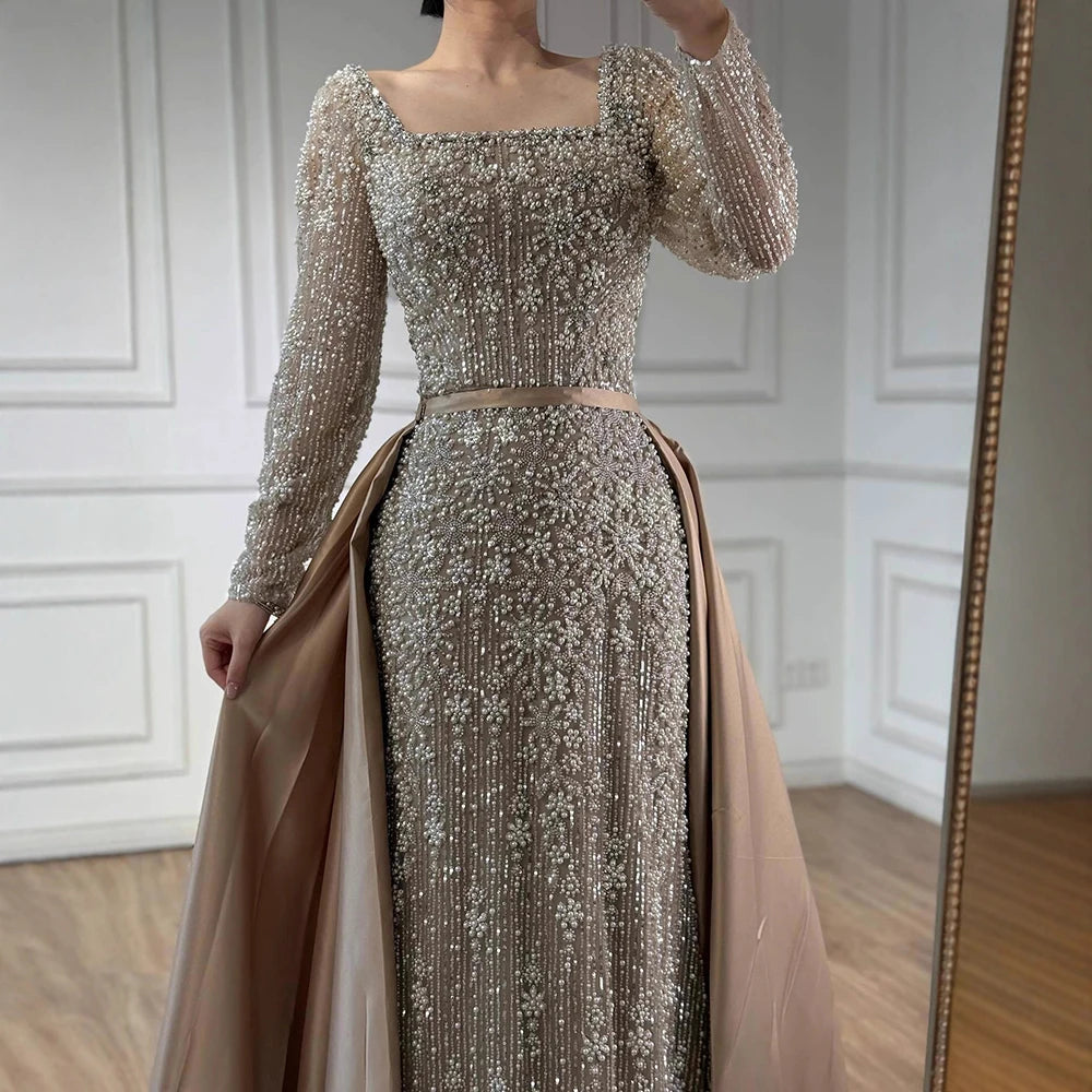 Luxury Dubai Arabic Muslim Caramel Mermaid Beaded Evening Gown with Overskirt LA72533A - SERENE HILL