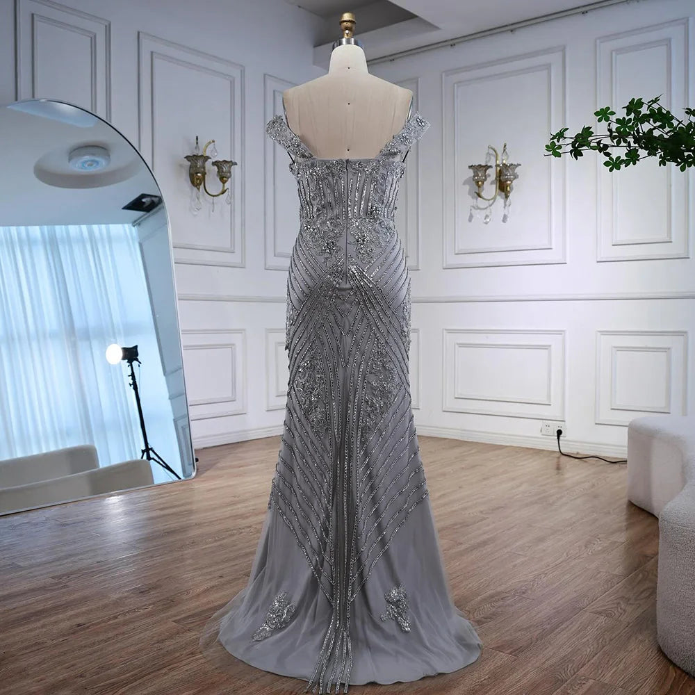 Luxury Silver Gray Off Shoulder Mermaid Evening Dress LA73018 - SERENE HILL