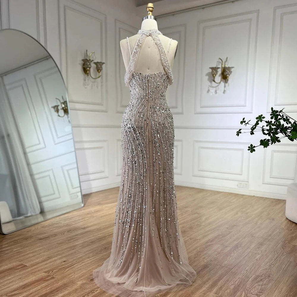 Luxury Silver Nude Beaded Evening Dress with Spaghetti Straps and High Slit LA72047C - SERENE HILL
