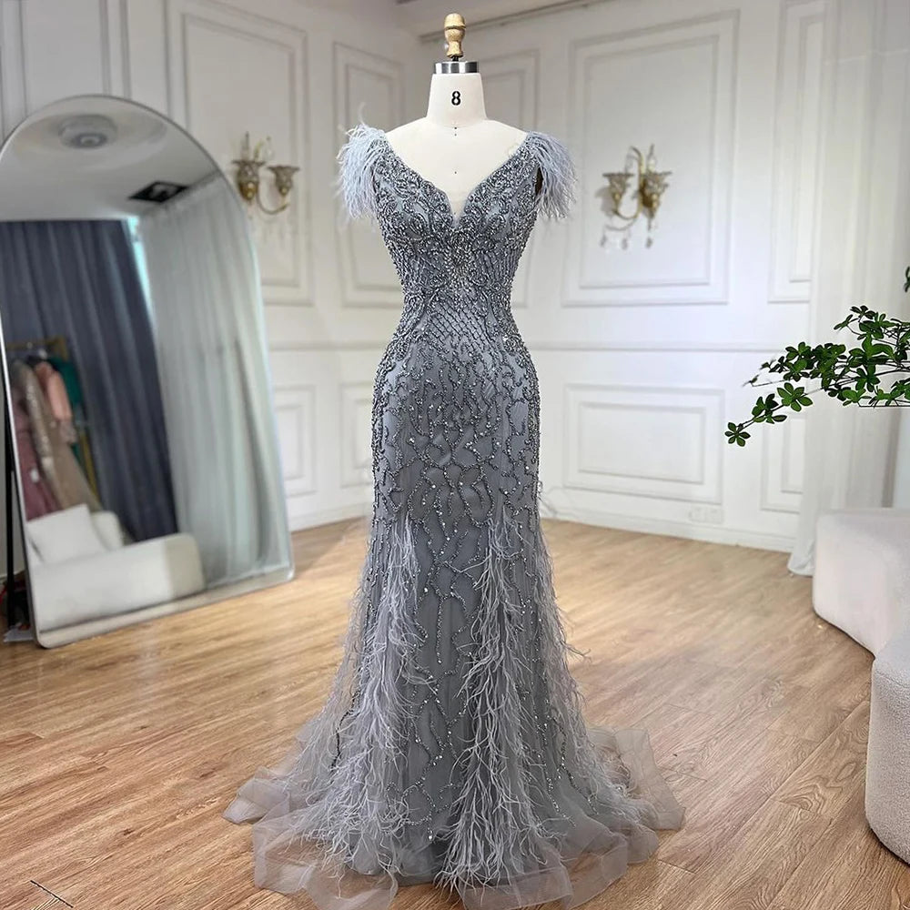 Champagne Luxury V-Neck Sexy Mermaid Evening Dresses 2025 Diamond Feathers Sleeveless Formal Dress Serene Hill LA70350 - SERENE HILL