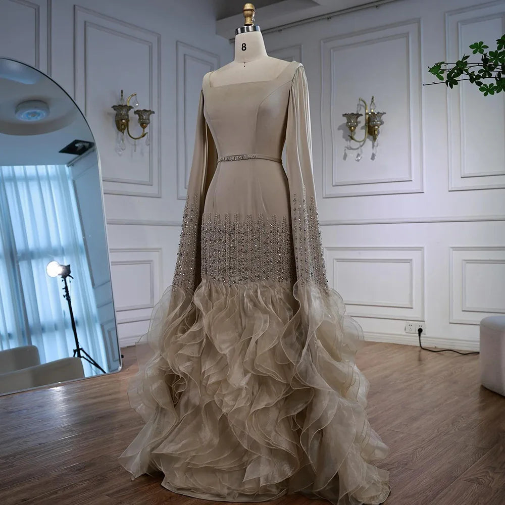 Elegant Nude Beaded Evening Dress with Cape Sleeves LA72317C - SERENE HILL