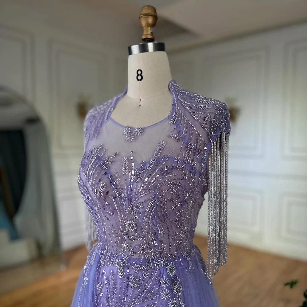 Serene Hill 2025 Arabic lilac Elegant A Line Beaded Tassel Luxury Dubai Evening Dresses Gowns for Woman Wedding Party LA72422 - SERENE HILL
