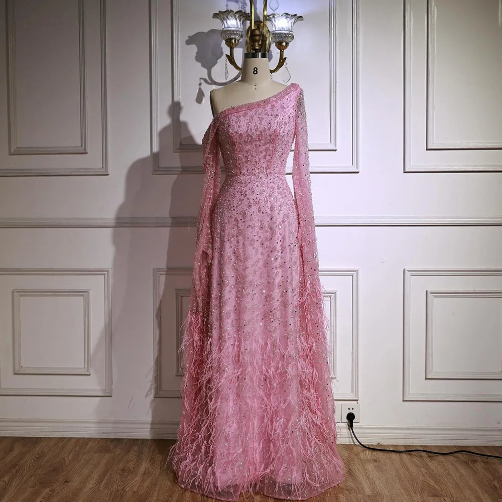 Luxury Feather One Shoulder Evening Dress with Cape Sleeves LA72763 - SERENE HILL