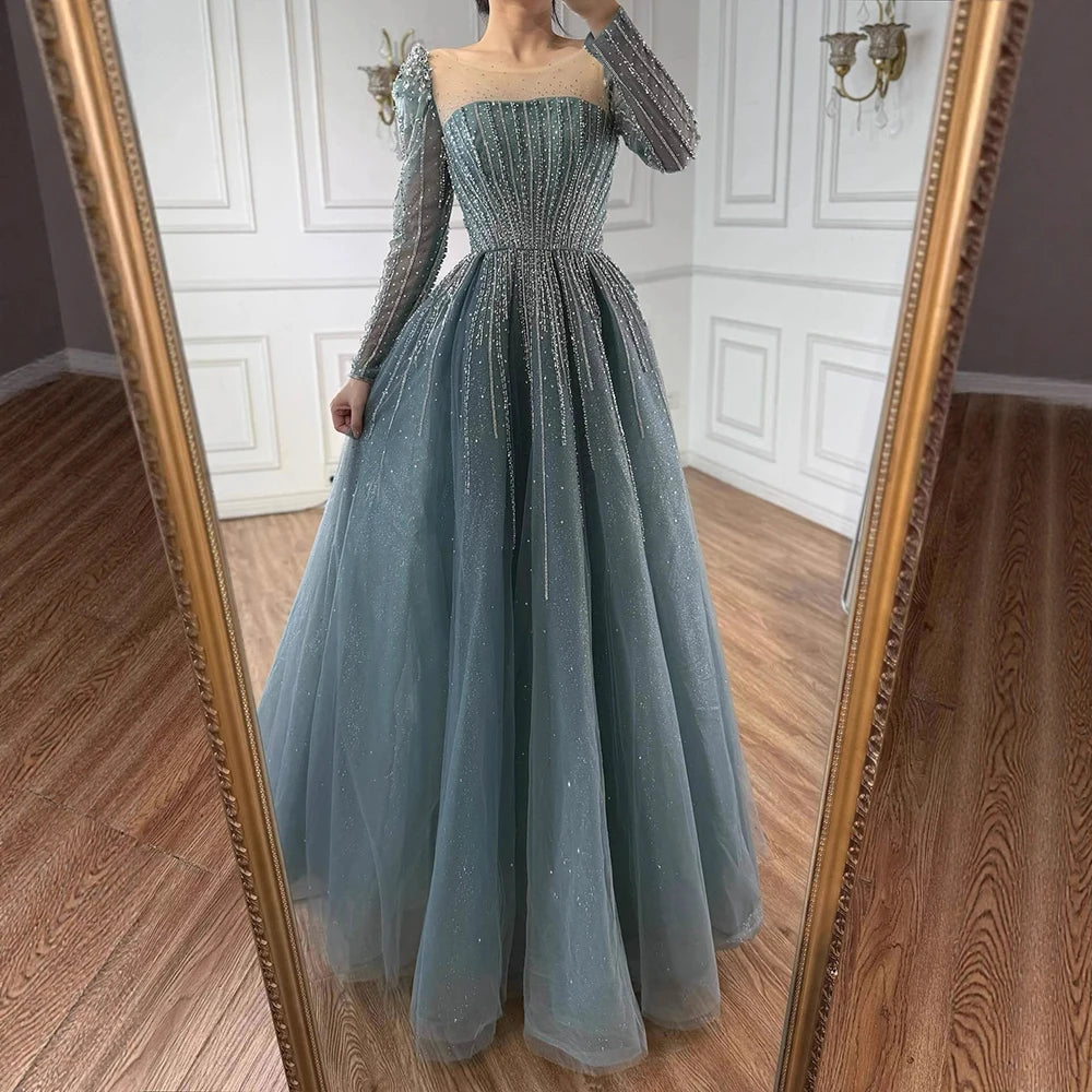 Luxury Arabic Turquoise A-Line Beaded Evening Dress LA72991A - SERENE HILL