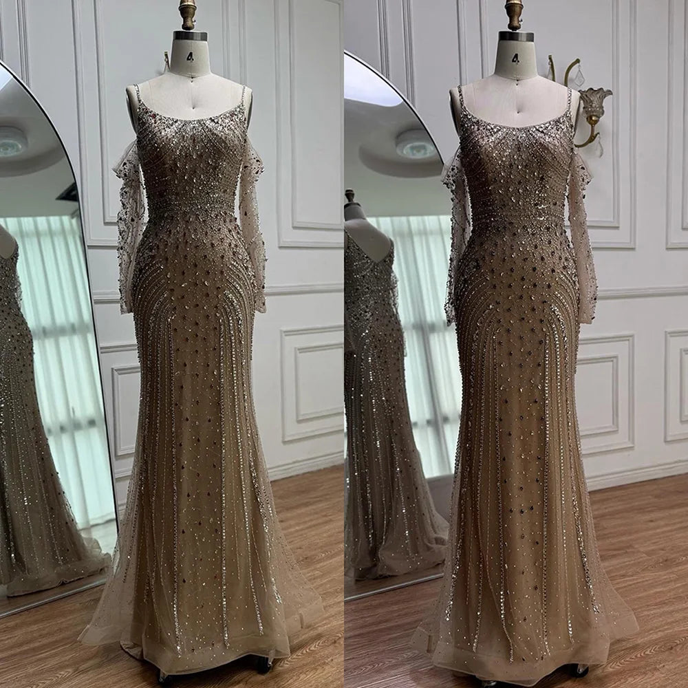 Luxury Nude Navy Blue Silver Beaded Evening Dress with Long Sleeves LA73120 - SERENE HILL