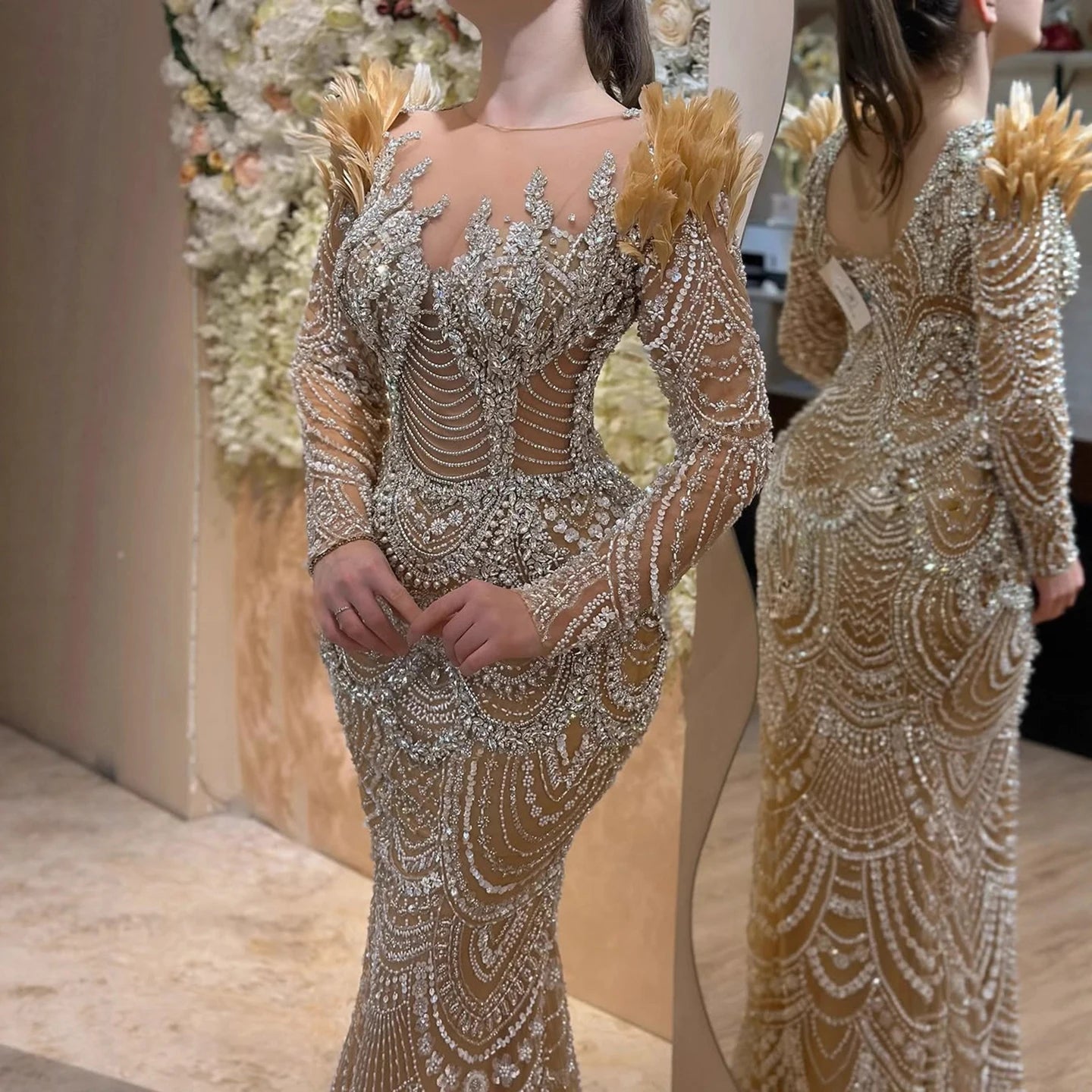 Luxury Nude Beaded Feather Long Sleeve Mermaid Evening Dress LA73348 - SERENE HILL