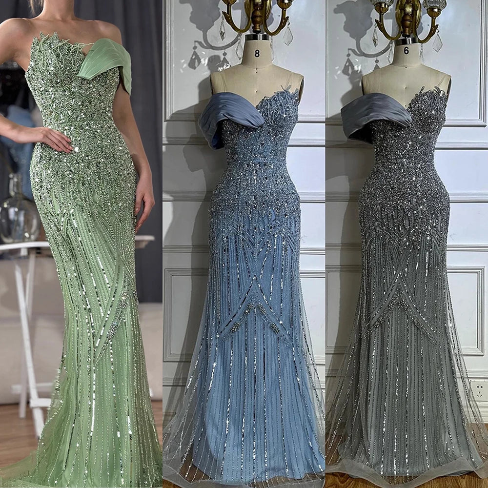 Luxury Dubai Arabic Green Mermaid Elegant One Shoulder Beaded Long Evening Dresses Gowns for Formal Occasion LA72650 - SERENE HILL