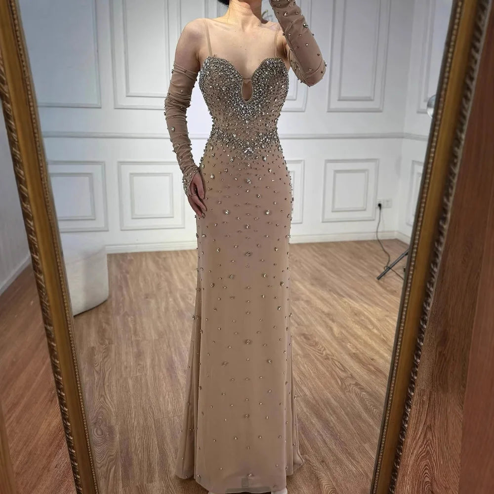 Luxury Nude Beaded Dress with Detachable Sleeves LA73065 - SERENE HILL