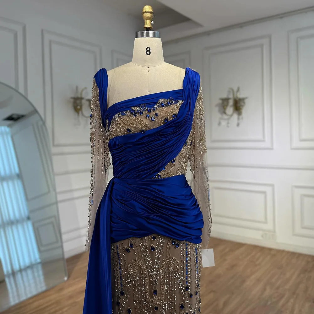 Luxury Royal Blue Velvet Beaded Mermaid Evening Dress LA72988 - SERENE HILL