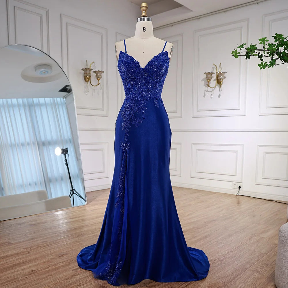 Luxury Navy Blue Lace Slit Prom Dress with Spaghetti Straps LA73041 SERENE HILL Luxury Navy Blue Lace Slit Prom Dress with Spaghetti Straps LA73041 SERENE HILL
