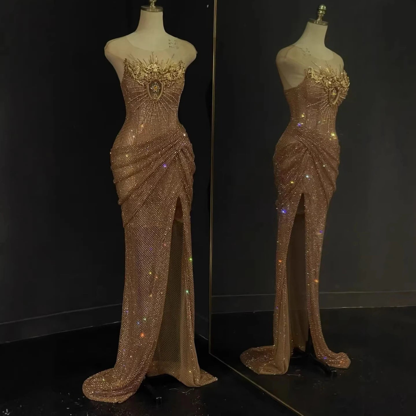 Luxury Saudi Arabic Nude Beaded High Split Evening Dress LA73436 - SERENE HILL