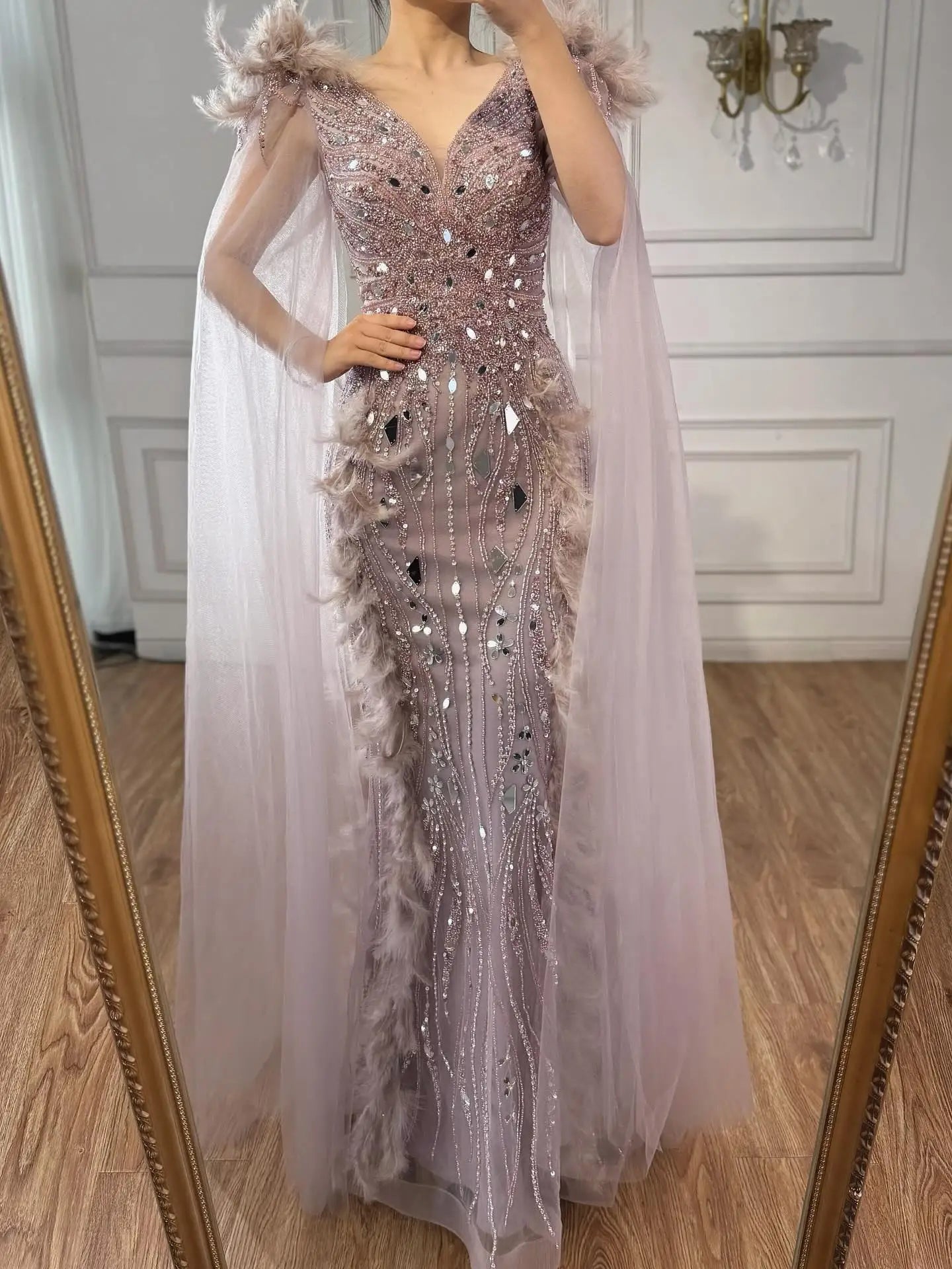 Luxury Caramel Feather Mirror Beaded Mermaid Evening Dress With Cape LA73328 - SERENE HILL