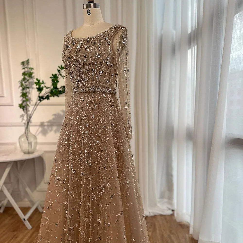 Dubai Designer Luxury Nude A-Line Beaded Evening Dress LA72088 - SERENE HILL