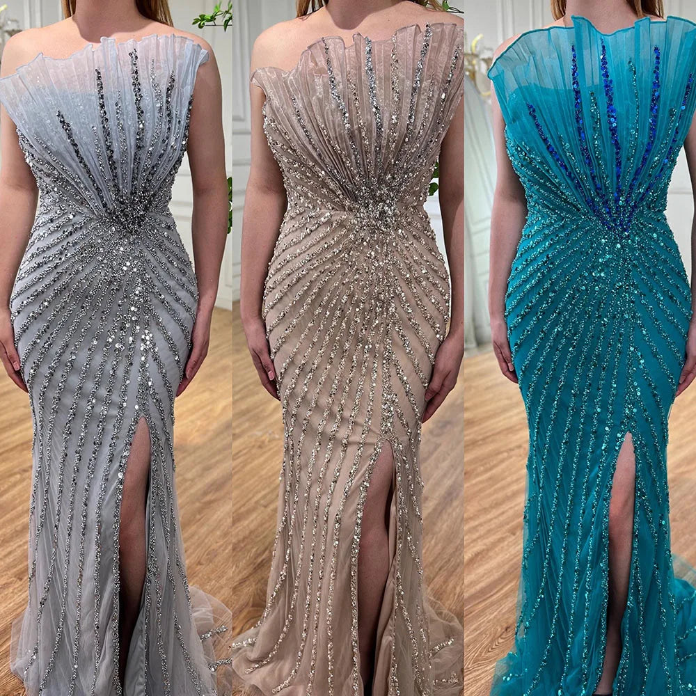 Serene Hill Caramel Sexy High Split Off Shoulder Mermaid Evening Dresses Beaded Gowns 2025 For Women Wedding Party LA72049 - SERENE HILL