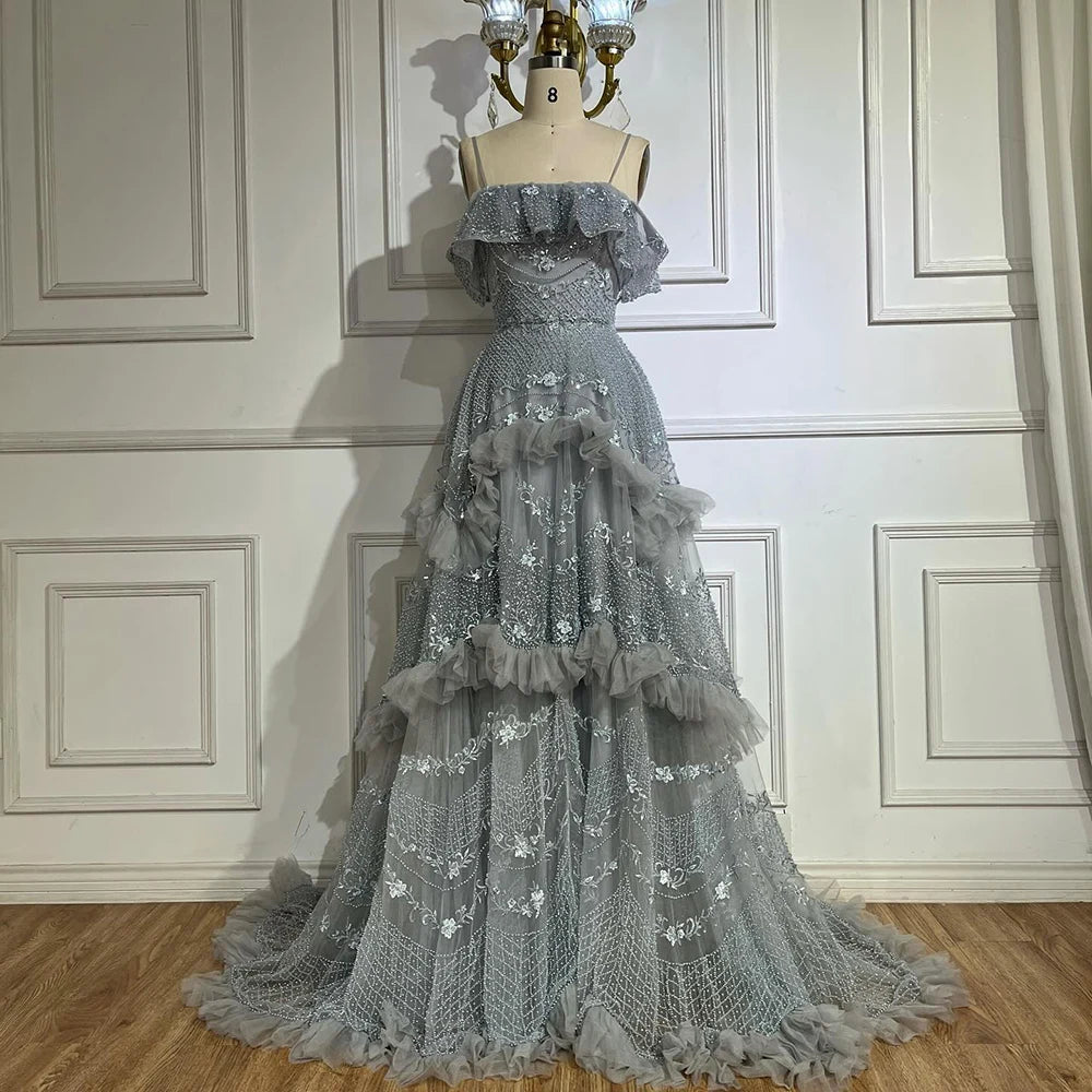 Luxury Dubai Arabic Gray A-Line Off-The-Shoulder Beaded Luxury Saudi Evening Gown for Formal Occasion LA72762 - SERENE HILL