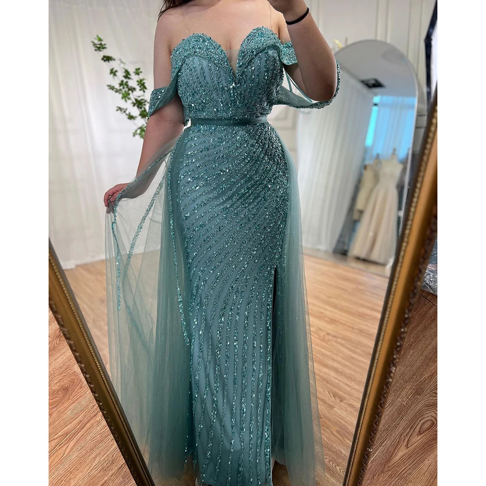 Serene Hill Nude Mermaid Elegant With Overskirt Off Shoulder Beaded Split Evening Dresses Gowns For Woman Party 2024 LA71728 - SERENE HILL