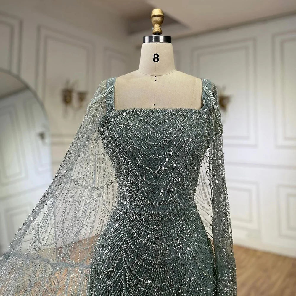 Luxury Turquoise Beaded Pearl Arabic Evening Dress with Cape Sleeves LA72590 - SERENE HILL