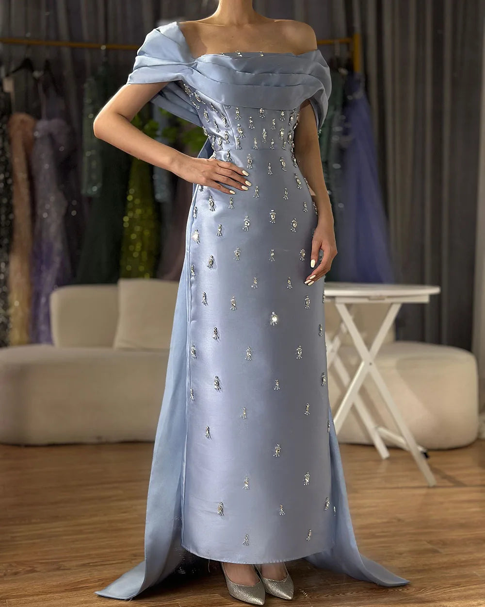 Serene Hill 2025 Arabic Blue Beaded Crystal Ankle-Length Mermaid Satin Evening Dresses Gowns for Women Wedding Party LA72414A - SERENE HILL