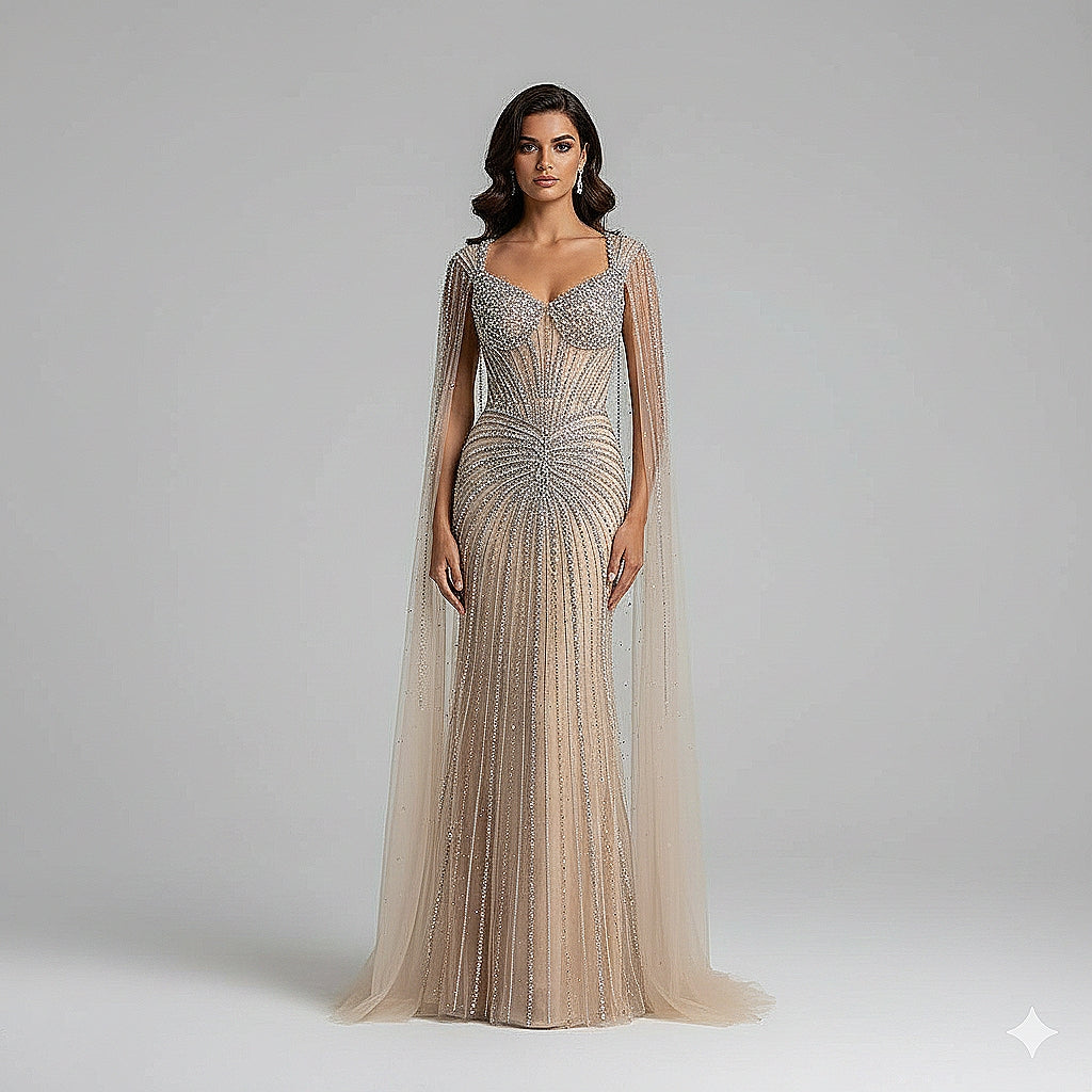 فستان سهرة عاري الفاخر مع الأكمام Cape LA72575C