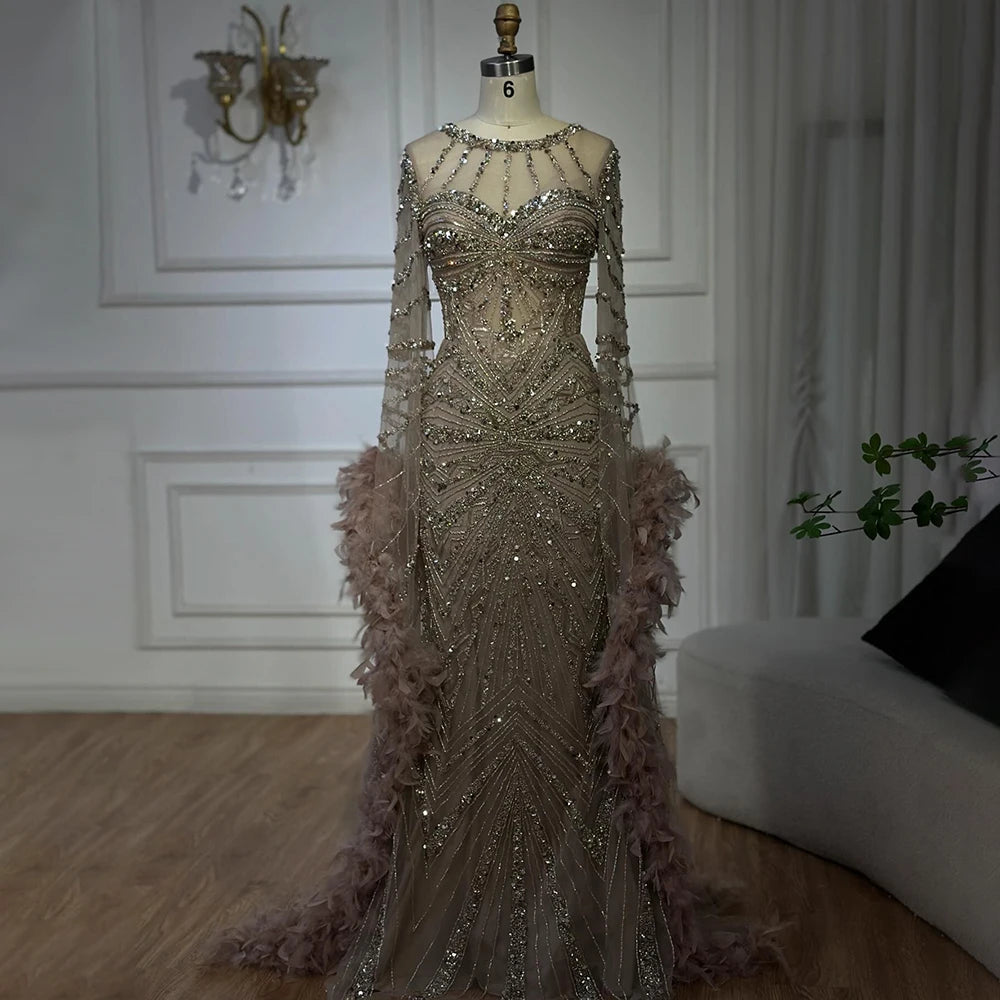 Luxury Modest Pink Feathers Long Cape Sleeves Mermaid Evening Dress LA72708A - SERENE HILL