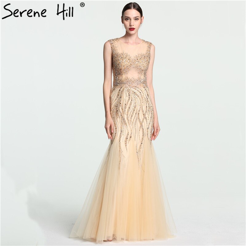 2020 O-Neck Luxury Illusion Mermaid Evening Dresses Long Sexy Beading Gold / 4